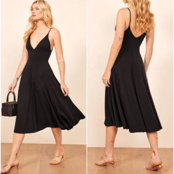 Reformation Dresses & Skirts - Reformation Womens M Plunging Midi Dress Sleeveless Fit & Flare V-Neck Black